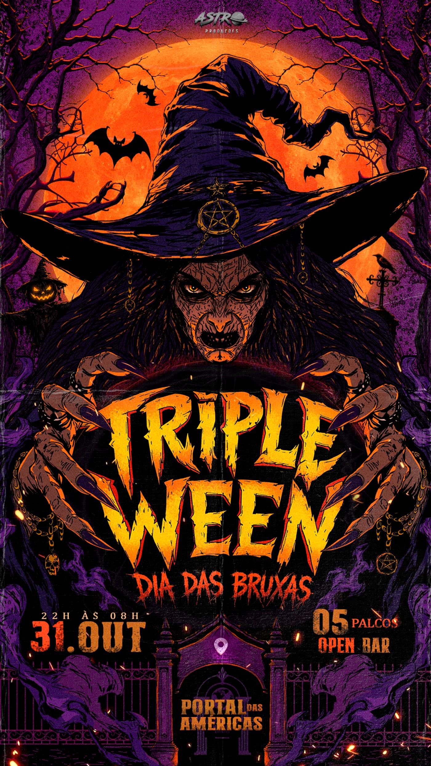 TRIPLEWEEN 2026 - Dia das Bruxas, bruxa entre árvores roxas sob a lua laranja